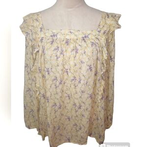 Chaps Yellow and Purple Cottage Prairie Ruffle Floral Blouse Size XL